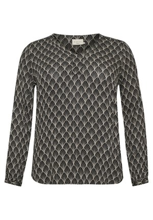 Blouse noire à manches longues avec un col en V, ornée d'un motif en forme de éventail blanc sur l'ensemble et de poignets froncés pour un détail supplémentaire.