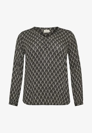 Schwarze Bluse mit langen Ärmeln und V-Ausschnitt, die mit einem weißen Fächer-Muster versehen ist und zusätzlich mit gerafften Manschetten für mehr Details gestaltet wurde.