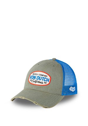Gray and blue mesh trucker cap with a curved brim, "Von Dutch California 92" patch on front, and small winged logo on side.