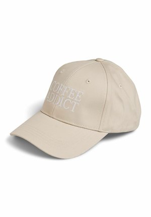 Beige baseball cap with curved brim and white embroidered text "COFFEE ADDICT" on the front panel, displayed against a white background.
