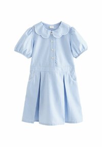 Vaaleansininen ruudullinen mekko, jossa on lyhyet puffihihat, iso aaltoileva kaulus, nappikiinnitys, kaksi sivutaskua ja laskostettu helma.