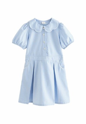 Robe à carreaux bleu clair avec de courtes manches bouffantes, un grand col à bords festonnés, un bouton à l'avant, deux poches latérales et une jupe plissée.