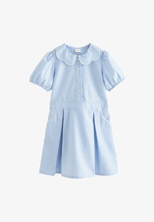 Svijetloplava gingham haljina s kratkim napuhanim rukavima, velikim valovitom ovratnikom, dugmadi sprijeda, dva bočna džepa i plisiranim suknjom.