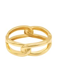 Pierścionek z metalu w złotym odcieniu, z przeplatającymi się ogniwami łańcucha, gładką fakturą i polerowanym wykończeniem. Prosty design z otwartymi przestrzeniami między ogniwami.