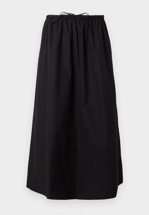 Jupe noire longueur cheville avec une taille élastique froncée et un cordon à nouer.