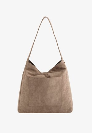 Beige Wildleder-Shopper mit einem großen Hauptfach, einem einzigen Schulterriemen und einer Vordertasche. Weiche Textur und lässiges Design.