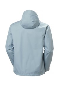 Hellblaue wasserdichte Jacke mit Kapuze, von hinten gezeigt, mit langen Ärmeln und einem glatten Stofffinish.