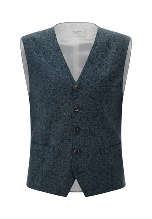 Ärmellose Weste aus dunkelblauem Stoff mit Blumenmuster, vier Knöpfen, zwei Vorderentaschen und einem Satin-Futter. Entworfen für formelle Anlässe.