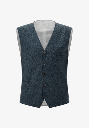 Ärmellose Weste aus dunkelblauem Stoff mit Blumenmuster, vier Knöpfen, zwei Vorderentaschen und einem Satin-Futter. Entworfen für formelle Anlässe.