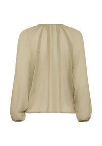 Light olive green blouse made of sheer fabric, featuring long balloon sleeves and a gathered neckline, with a flowing, soft texture.