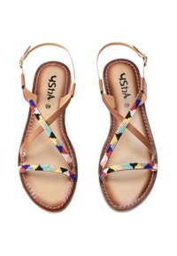 Sandali in pelle marrone con cinturini di perline multicolori. Il design presenta cinturini incrociati, una fibbia regolabile alla caviglia e una suola piatta.