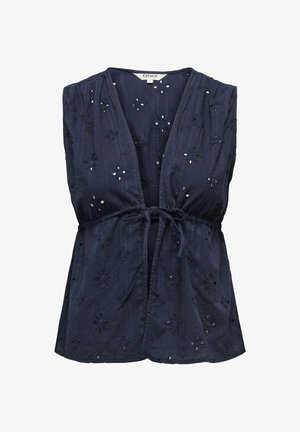 Top sin mangas de color marino con escote en V, que presenta recortes de broderie anglaise con motivos florales y un cinturón con lazo. Textura suave con un corte relajado.