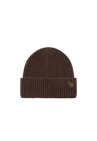 Pruunist lõngast kootud beanie müts, millel on ribakujuline tekstuur ja voltitud ääred. Äärtes on heledamat pruuni värvi väikene logo tikitud.