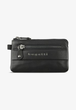 Schwarze Leder-Reißverschlussbörse mit einem metallischen Reißverschluss und Logo. Rechteckige Form mit glatter Oberfläche und kontrastierenden Nähdetails.