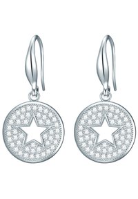 Silverörhängen med cirkulära mönster, texturerade med små stenar och utsmyckade med en central femuddig stjärna.