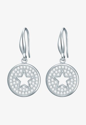 Sølvøreringe med cirkulære designs, tekstureret med små sten og udsmykket med en central femkantet stjerne.