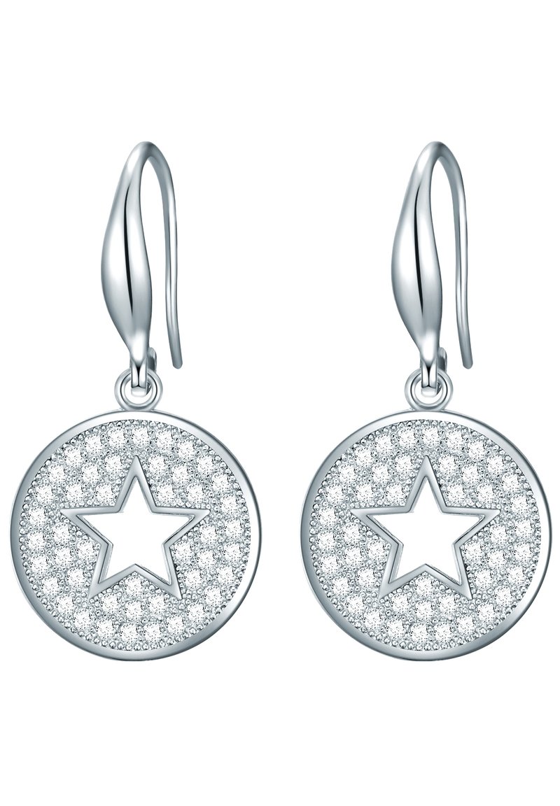 Silverörhängen med cirkulära mönster, texturerade med små stenar och utsmyckade med en central femuddig stjärna.