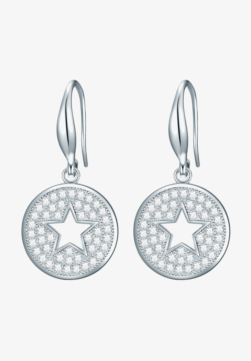 Silverörhängen med cirkulära mönster, texturerade med små stenar och utsmyckade med en central femuddig stjärna.