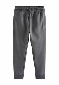 Pantalones de chándal grises con cintura elástica, cordón, bolsillos laterales y puños acanalados. Hechos de material suave y texturizado.