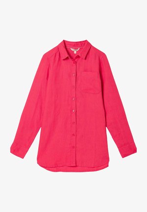 Vaaleanpunainen pellavapaita, jossa on pitkät hihat, nappilistalla edessä, terävä kaulus ja yksi rintatasku. Sileä pinta ja kevyt kangas.