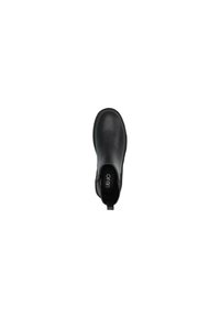 Stivale alla caviglia in pelle nera con punta rotonda, pannelli elastici laterali e una linguetta per indossarlo. Texture liscia con un design minimalista.