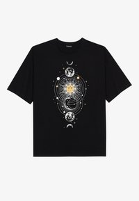 Black T-shirt with a central celestial design featuring a sun with a face, phases of the moon, stars, and orbiting planets in white and gold.
