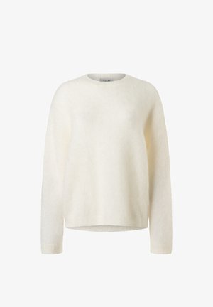 Cremefarbener Strickpullover aus weichem, flauschigem Material. Verfügt über lange Ärmel, einen runden Halsausschnitt und eine lockere Passform mit gerippten Bündchen und Saum.