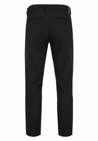 Czarne spodnie o slim-fit, zwężanych nogawkach, z dwiema tylnymi kieszeniami i gładką teksturą. Nadają się zarówno do codziennego użytku, jak i na formalne okazje.