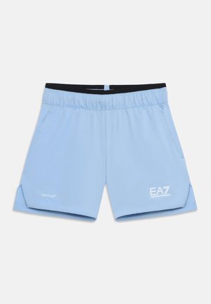 Short de sport pour homme bleu clair avec taille élastique, poches latérales et logos blancs EA7 Emporio Armani et Ventus7.