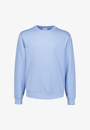 Jasnoniebieska bluza z okrągłym dekoltem, długimi rękawami, ściągaczami na mankietach i dole, przedstawiona na białym tle.