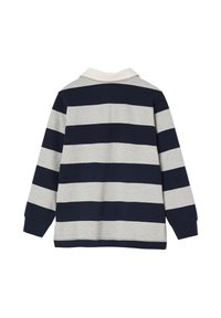 Langarm-Polohemd mit horizontalen navy- und grauen Streifen, aus Baumwolle gefertigt, mit weißem Kragen und seitlichen Schlitzen für mehr Komfort.