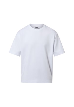 T-shirt bianca semplice, a maniche corte con scollo rotondo e vestibilità comoda, mostrata su sfondo bianco.