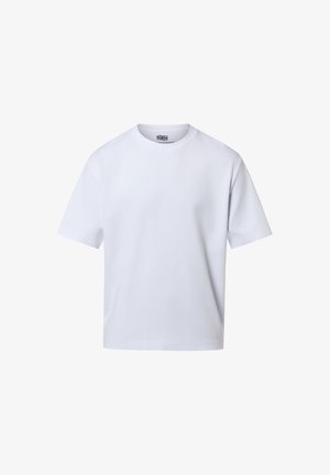 Einfaches weißes T-Shirt mit kurzen Ärmeln und Rundhalsausschnitt, locker geschnitten, dargestellt auf weißem Hintergrund.