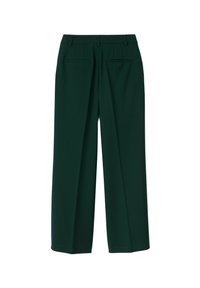 Pantalons à jambes larges en tissu vert foncé avec une texture lisse. Comprend des plis à l'avant et deux poches arrière.