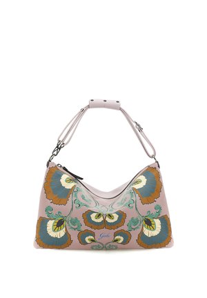Borsa rosa chiaro con tracolla regolabile, decorata con motivi floreali e farfalle simmetrici e colorati in blu, marrone e verde.