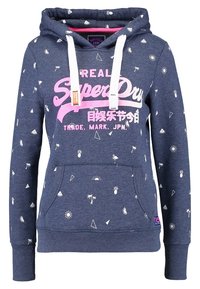 Felpa blu navy realizzata in tessuto morbido con stampa tropicale bianca, dotata di tasca a kangaroo, cappuccio con coulisse e logo rosa sulla parte anteriore.