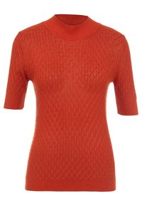 Kortærmet orange striktrøje med høj hals og et diamantformet netmønster i hele stoffet.