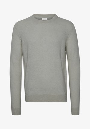 Light gray sweater made of knitted fabric, featuring a crew neck, long sleeves, and ribbed cuffs and hem. Simple, solid color design.