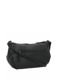 Bolso cruzado de cuero negro con superficie texturizada, cierre superior con cremallera y un bolsillo frontal con cremallera. Correa de hombro ajustable. Diseño compacto.