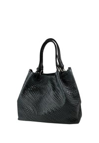 Black woven leather handbag with two black straps, a spacious interior, and a textured surface, featuring a soft, structured shape.
