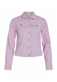 Chaqueta de mezclilla rosa clara con bolsillos delanteros, cierre de botones y herrajes plateados. Presenta un diseño ajustado y cuello clásico.