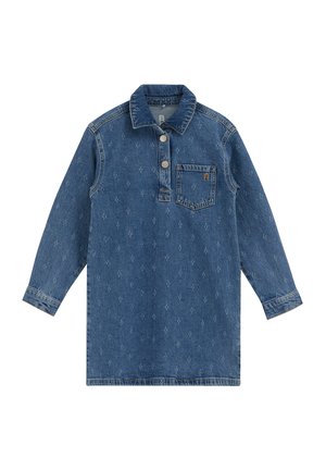 Blå langærmet denimskjorte med to knapper og en brystlomme med lille dekorativ syning og et diskret mønster.