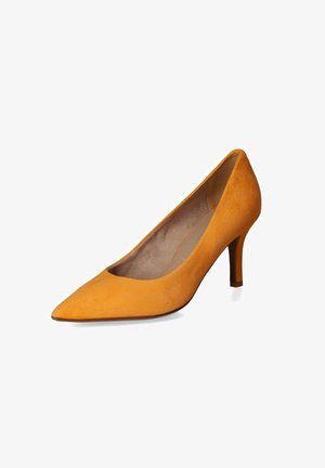 Yellow suede high-heeled pump with a pointed toe and a 5 cm heel. The interior features a smooth lining with a slightly curved design.