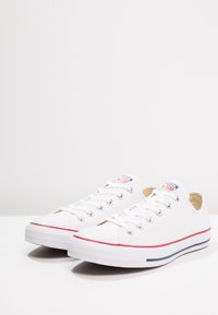 Sneakers di tela bianchi con strisce di accento rosse e blu, punta rotonda, occhielli in argento e lacci bianchi. Logo del marchio nell'area della linguetta.