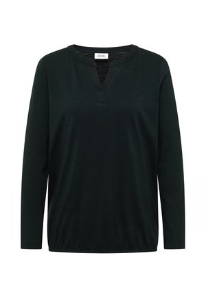 Tmavě zelený dlouhý rukáv s výstřihem do V a volným střihem. Vyrobeno z lehkého materiálu s jemnou texturou. Značková etiketa viditelná na krku.