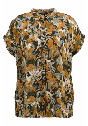 Koszula na krótki rękaw na guziki z wielokolorowym, abstrakcyjnym nadrukiem tropikalnych liści i kwiatów w odcieniach pomarańczowego, białego, zielonego i niebieskiego.