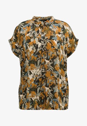 Kortærmet skjorte med knapper og et flerfarvet abstrakt tropisk blad- og blomsterprint i orange, hvid, grønne og blå nuancer.