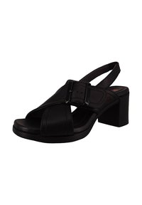 Czarne skórzane sandały na obcasie typu slingback z kwadratowym noskiem, słupkowym obcasem i szerokim paskiem z klamrą do regulacji. Teksturowany wzór na pasku.