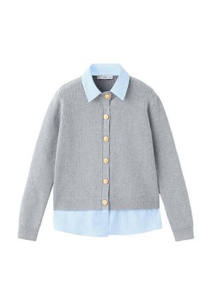 Gray knit cardigan with a light blue striped collared shirt underneath. Features wooden buttons and ribbed texture.