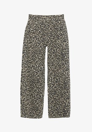 Leopard print wide-leg trousers in a neutral beige and black color scheme. Features a high waist, five pockets, and button closure.